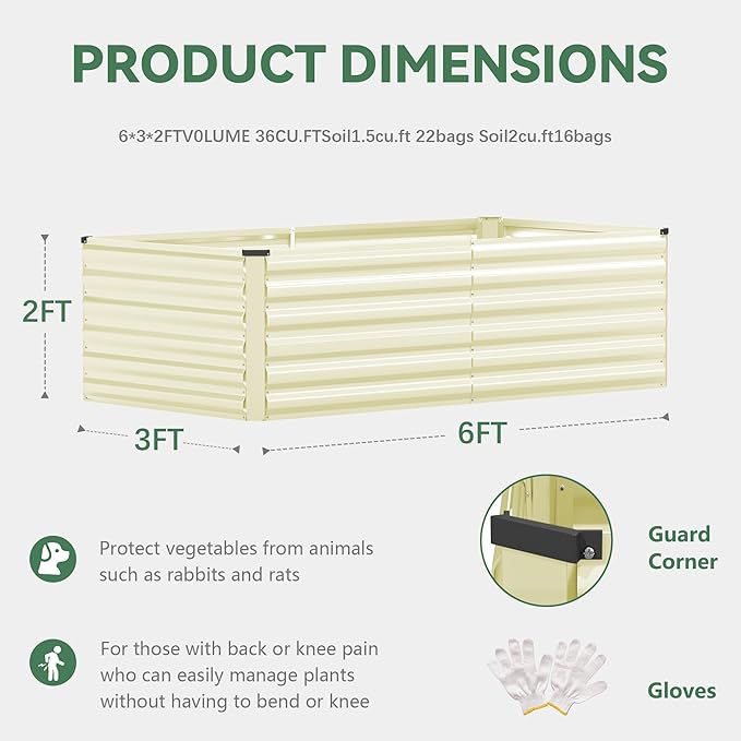 FOOWIN 4pcs 6x3x2ft Galvanized Raised Garden Bed Planter Raised Garden Boxes Outdoor Large Metal Raised Beds for Gardening Garden Bed for Vegetables Flowers Herb269 Gallon Capacity Cream Yellow