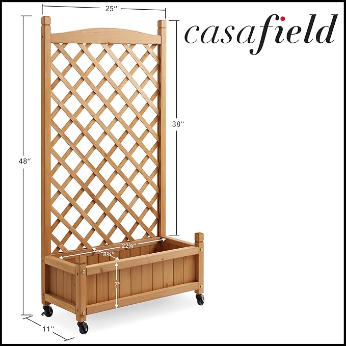Casafield 48 Raised Garden Bed with Trellis - Wooden Diamond Lattice for Climbing Plants and Planter Box with Drainage Holes and Wheels