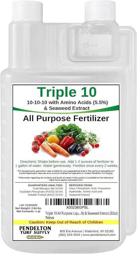 Triple 10 All Purpose Liquid Fertilizer 10-10-10 with Amino Acids (5.5%) &amp Seaweed Extract (32oz)