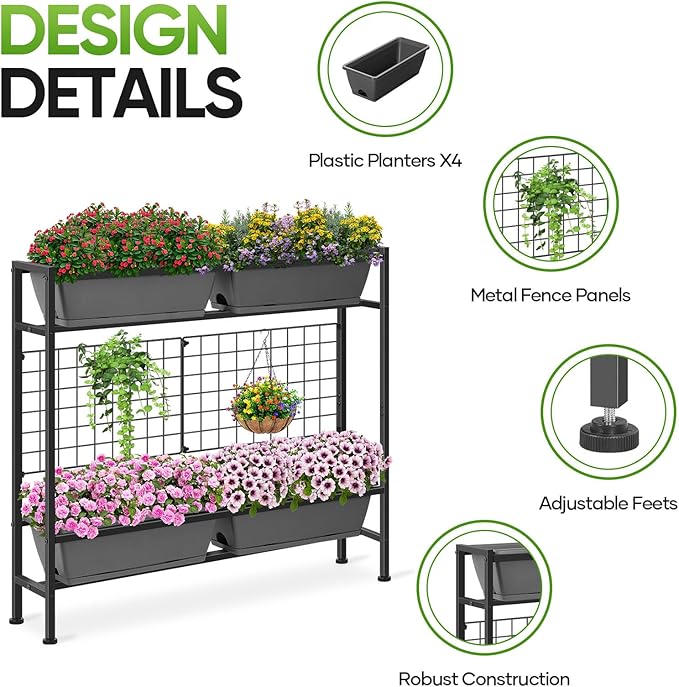 CADUKE Raised Planter Box Plastic Raised Garden Bed with Legs Standing Planter Box with Drainage Holes &amp Trellis 32 Elevated Flower Beds Outdoor &amp Indoor for Vegetables Balcony Patio Gr