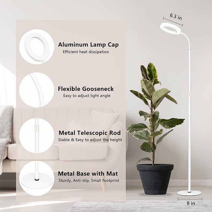 Grow Light for Indoor Plants Full Spectrum LED Halo Plant Lights with Stand Floor Standing Growing Lamp with Adjustable HeightAuto Timer for Tall Large Plant (20W-White)