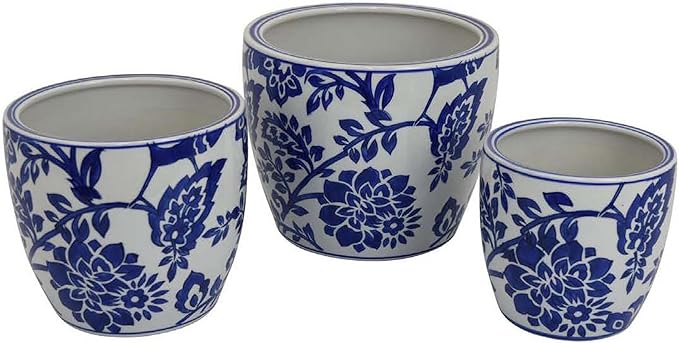 Garden Planter Set of 3 Ceramic Japanese White Blue Floral Pattern
