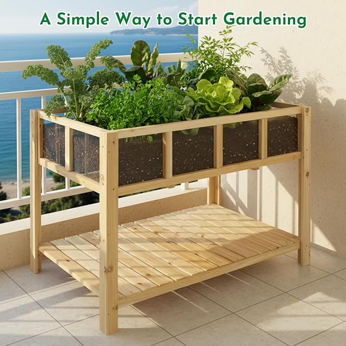 Raised Garden Bed with Transparent Acrylic Panels Elevated Wooden Raised Garden Bed Planter Fir Wood Outdoor Planter Box for Herbs Flowers &amp Patio Balcony Gardening (Natural)