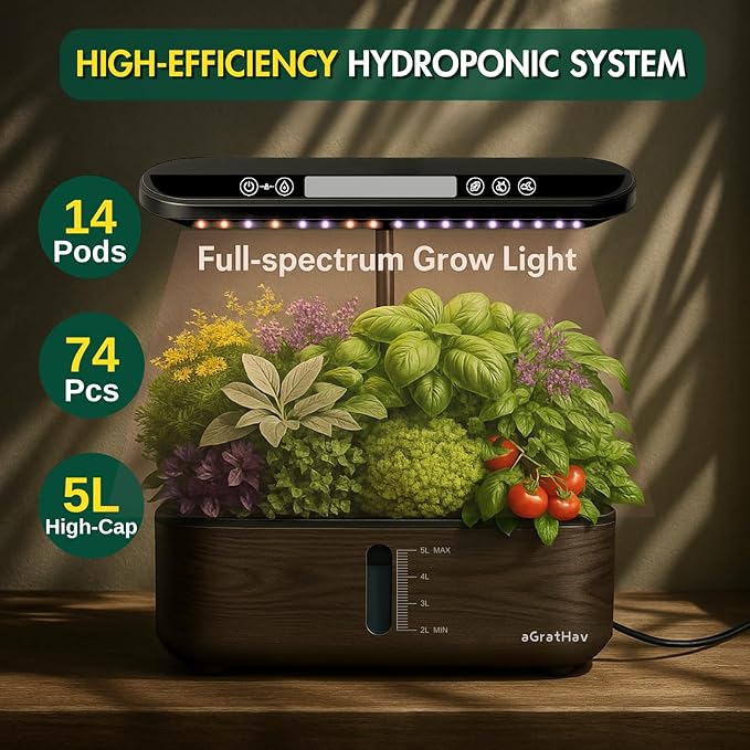 Hydroponics Growing System Kit Indoor Herb Garden 14 Pods Upgraded LCD Display LED Grow Light Quiet Smart Water Pump Automatic Timer Hydroponic Planter for Home Kitchen Office (Black)