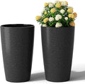 Giantex 21” Tall Plastic Planters Set of 2 Round Tapered All Weather Flower Pots with Drainage System Indoor Outdoor Stackable Decorative Plant Containers for Front Porch Home Garden (Black)