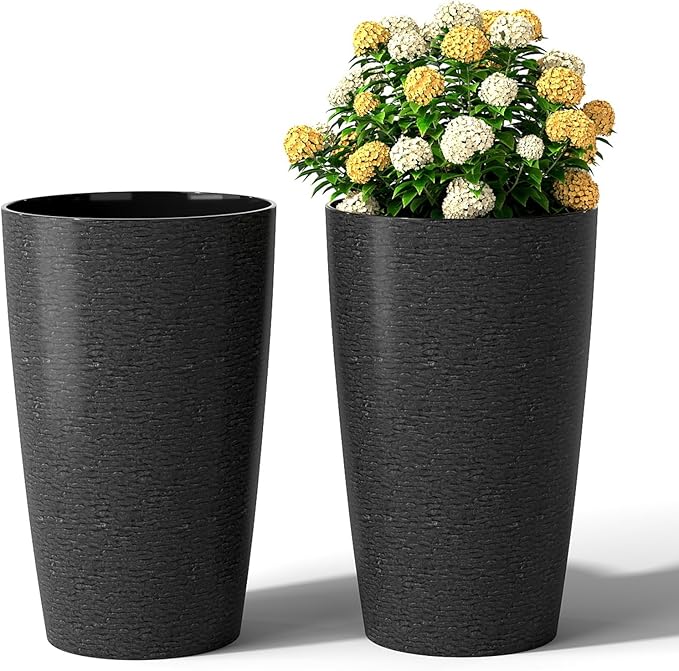 Giantex 21” Tall Plastic Planters Set of 2 Round Tapered All Weather Flower Pots with Drainage System Indoor Outdoor Stackable Decorative Plant Containers for Front Porch Home Garden (Black)
