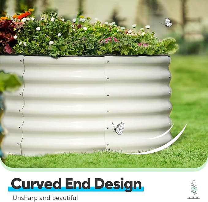 Quictent Galvanized Raised Garden Bed Kit 8x4x1.5 ft Oval Metal Planter Box Tall for Vegetables Outdoor Backyard Rubber Strip Edging Included (Beige)