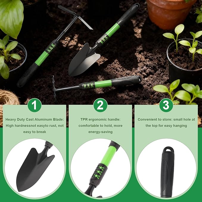 Garden Tool Set 3 Pack Lightweight Heavy Gardening Kit Including Hand Shovel Transplant Shovel and Hand Rake with Soft Rubber Non-Slip Handle for Planting Weeding Digging Green ﻿