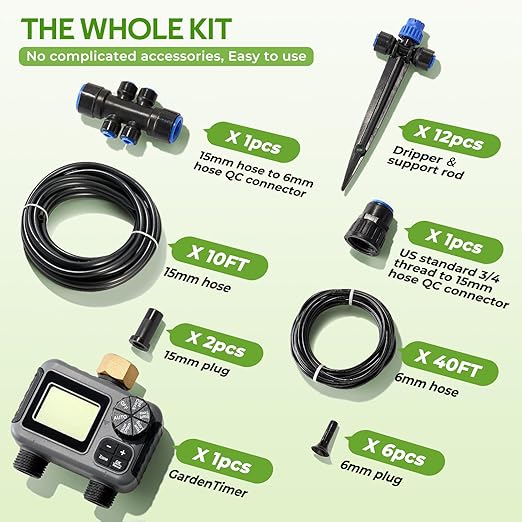 HIRALIY 50FT Drip Irrigation Kit with Garden Water Timer-2 Zone Automatic Garden Watering System for Raised Bed Quick Connect Design Irrigation System for Plant Patio