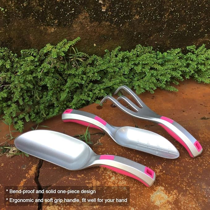 Garden Tool Set 3PC Bend Proof Gardening Tool Kits (Soil Scooper Garden Trowel Cultivator Hand Rake) One-Piece Aluminum Garden Gift Pink