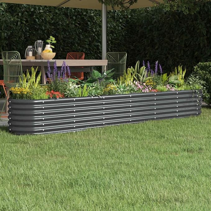 Large Oval Modern Raised Garden Bed 102.4x102.4x14.2 Anthracite Powder-Coated Steel Planter Box for Outdoor Patio Flowers Veggies &amp Herbs