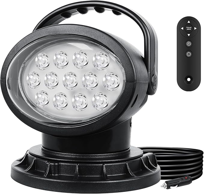 Willpower 50W 360 Degree LED Spot Search Light Rotating Remote Control Work Light with Magnetic Base for SUV Boat Emergency Lighting Home Security Farm Field Garden Protection12V 24V