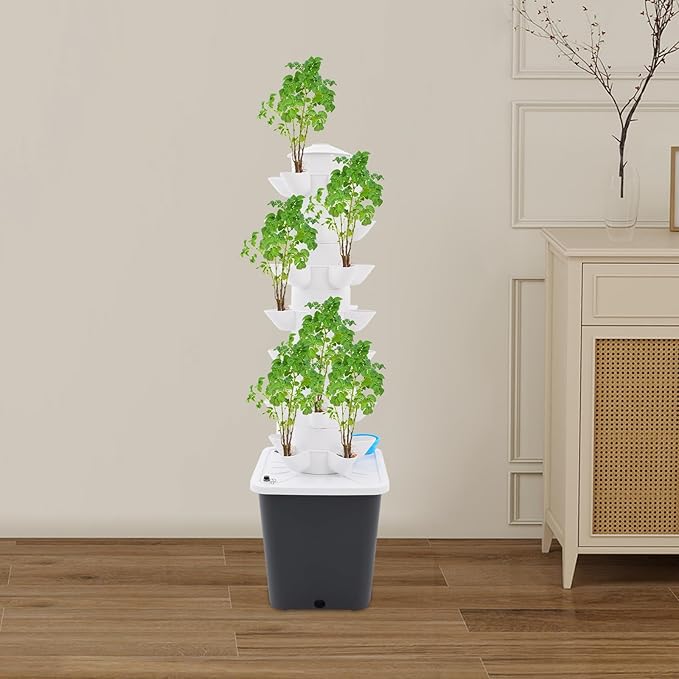 Hydroponic Growing Tower - 7-Tier Vertical Indoor Garden with 35 Planting Holes Automatic Water Circulation &amp Brushless Pump for Vegetables Fruits Herbs (Gray)