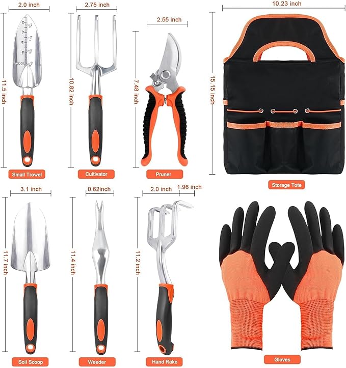 Garden Tool Set 8 Piece Gardening Tools Set with Non Slip Ergonomic Handle Heavy Duty Garden Tool Sets with Storage Bag for Outdoor Pruning(A-8pcs-Orange)