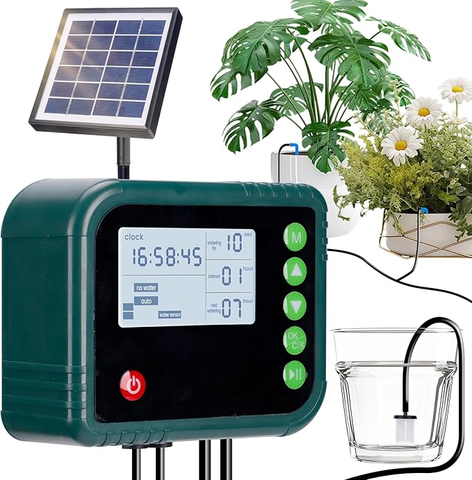 Solar Automatic Drip Irrigation Kit SystemAutomatic Plant Watering Devices Programmable Water TimerLED Display for 15 Potted Plants Outdoor Indoor Garden Balcony Vacation