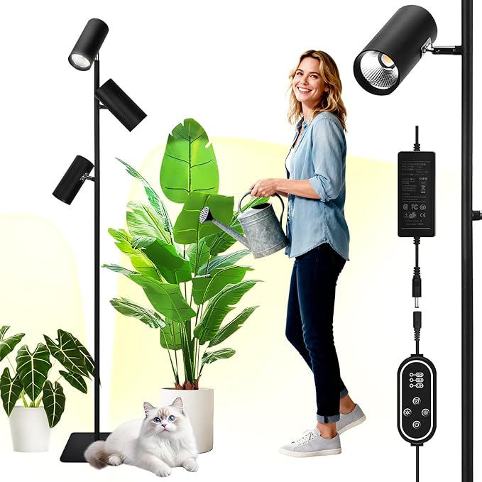 90W Dimmable Grow Light Warm White Full Spectrum COB LED Triple-Head Floor Lamp with High PPFD&ampCRI 6/8/12H Timer Adjustable Height (43-83) &amp Angle – Standing Grow Lights for Indoor Plants