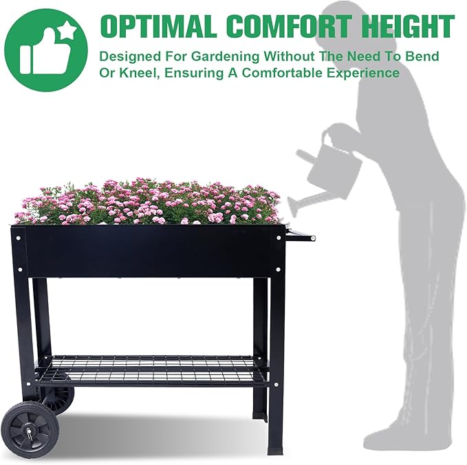 Elevated Mobile Raised Ergonomic Metal Planter Garden Bed for Backyard Patio w/Wheels Lower Shelf Black