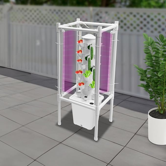 Hydroponics Growing System with Grow Light 30 Pods 6 Layers Vertical Hydroponic Tower Indoor Gardening System with Water Pump for Herbs Firuts Vegetables Tomatoes Lettuce (White)