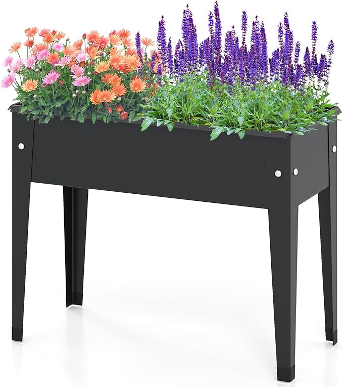 Raised Garden Bed with Legs 24 x 11 x 18 Inch Metal Elevated Planter Box w/Drainage Holes for Flowers Herbs Standing Raised Planter Bed for Indoor Outdoor Balcony Patio Backyard (1 Black)