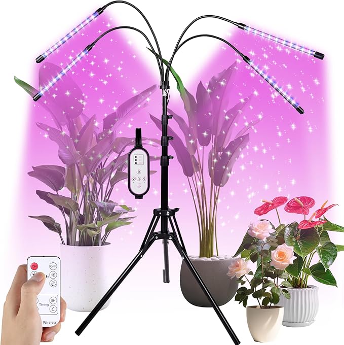 4-Head Floor Grow Lights for Indoor Plants - 15-63 Tripod Red/Blue Spectrum &amp Remote Control - Auto 4/8/12H Timer 10 Dimmable Levels for Tall Potted Trees (4-Head)