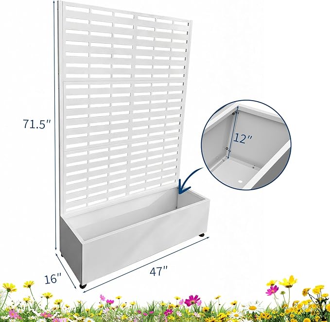 Garvee Metal Planter Box with Trellis 71.5x47x16 Raised Garden Beds with Trellis and Wheels for Climbing Plants Vegetables Privacy Screen Planter Box with Drainage Holes for Patio Balcony White