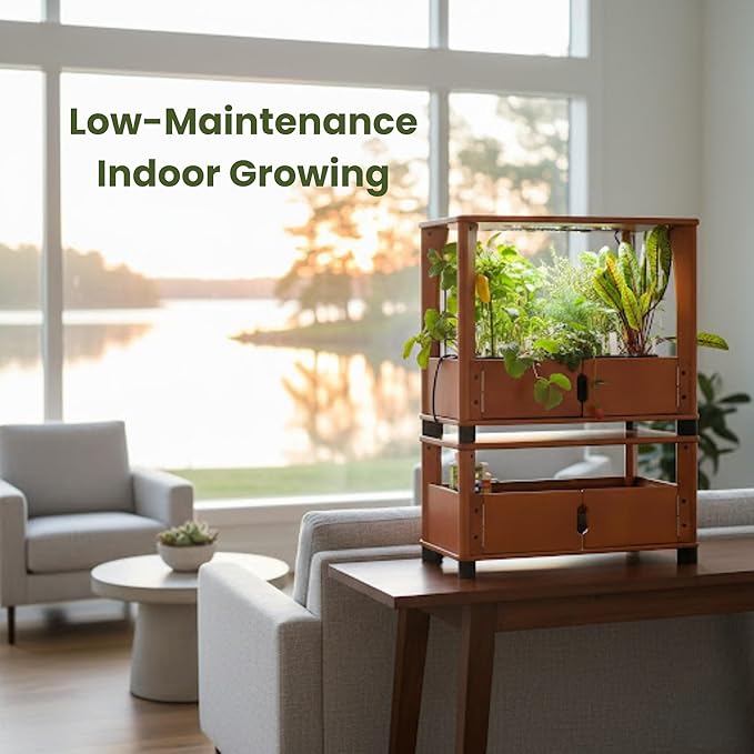 Hydroponic Home Garden with LED Grow Lights | Organic Microgreens Herbs Vegetables Fruits &amp Flowers | Real Wood Design | Stackable Mess-Free Year-Round Harvest (Natural)