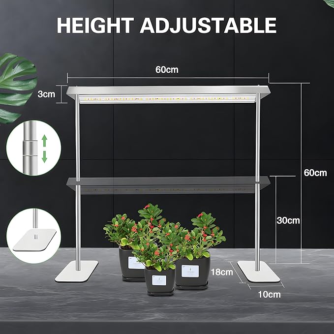 Grow Light Stand with Aluminum Alloy Frame 60W High-Power Full Spectrum Plant Grow Lights for Indoor Plants 4/8/12H Timer 10 Dimmable Levels Adjustable Height Ideal for Seedlings