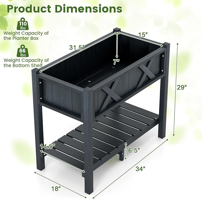 Giantex HIPS Raised Garden Bed Elevated Planter Box w/Legs Storage Shelf Drainage Holes Weather-Proof Standing Raised Beds for Backyard Balcony Flower Vegetable (Black 34 x 18 x 29)