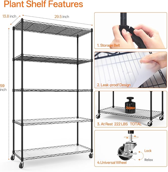 Bstrip Plant Shelf with Grow Light with Timer Metal Plant Stand with Adjustable Rack and Wheels 4 Pack 24W Full Spectrum Grow Light Strip for Indoor Plants Seed Starting 35.4x13.8x59