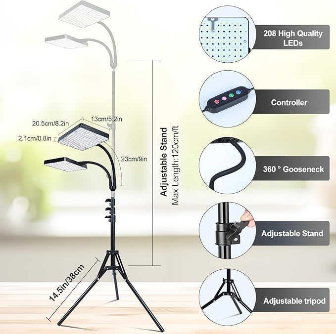 2Head Grow Light with Stand 50 Watt Grow Lights for Indoor Plants Natural Sunlight Full Spectrum Plant Growing Lamps for Tall Houseplants &amp Bonsai Tree 4/8/12/16/20H 5-Mode Timer
