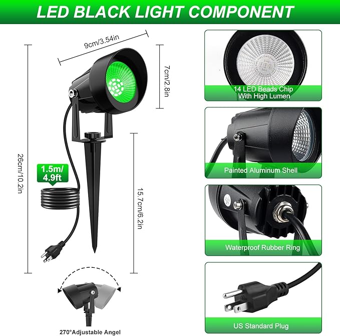Green Spotlights Outdoor 14 LED Landscape Lighting with US Plug IP65 Waterproof Spot Lights for Tree Yard Garden Pathway Halloween Christmas St. Patrick's Day Decor 4 Pack