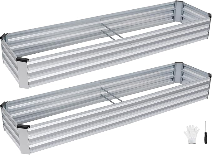 INNO STAGE Galvanized Raised Garden Bed Kits 8x2x1ft Metal Raised Garden Beds Outdoor Large Steel Raised Planter Bed with Gloves for Vegetables &amp Flowers Patio Ground Planter Box(Silver 2PCS)