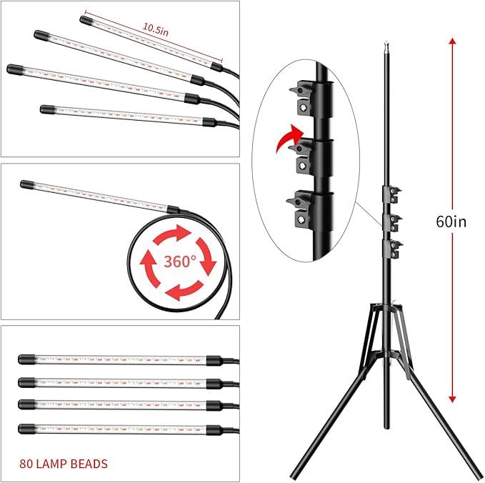 Grow Light with Stand for Indoor Plants Full Spectrum Upgrade 4-Head Plant Lights Grow Lamps Auto ON/Off Growing Light with 4/8/12H Timer Tripod Adjustable 15-60inch