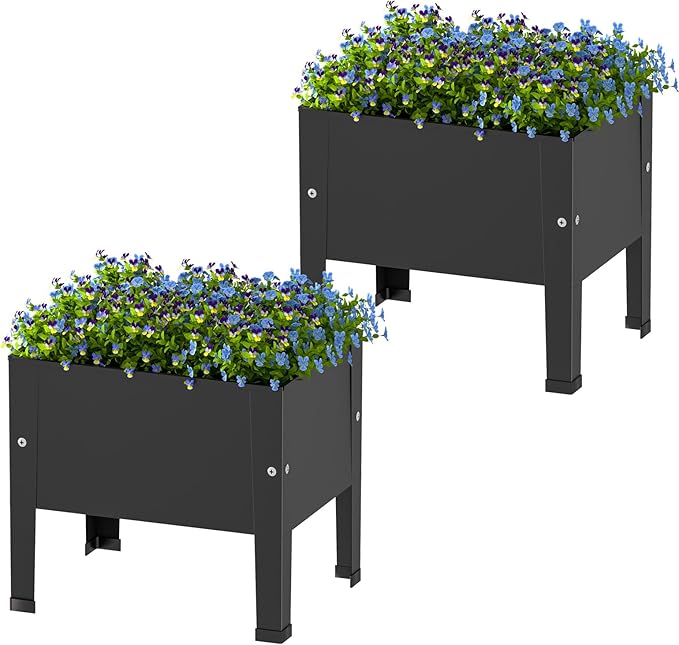 aboxoo 2 Packs 14 Inch Small Planter Raised Garden Bed with LegsOutdoor Metal Planter Box for PatioElevated Garden Bed for Vegetables Flower Herb(Black)