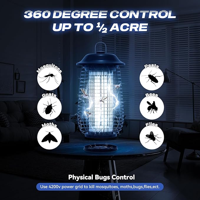 Bug Zapper Indoor &amp Outdoor 4200V Electric Mosquito Zapper 10 Years Lifespan 6.5ft Power Cord Waterproof Fly Trap Mosquito Trap Fly Killer Fly Zapper for Home Patio Kitchen Backyard Camp