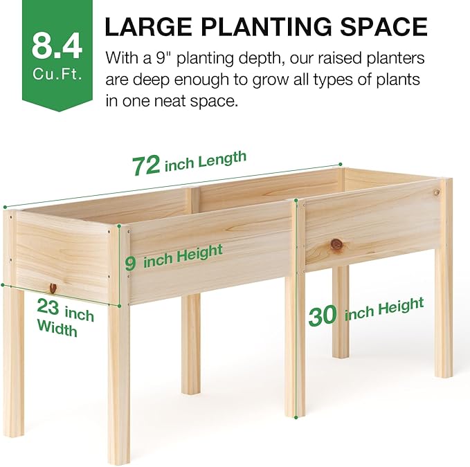MIXC 72”L X 23”W Raised Garden Bed Outdoors with Legs Elevated Reinforced Wooden Large Planter Box for Backyard Patio Balcony w/Divider Panel 6 Legs 300lb Capacity