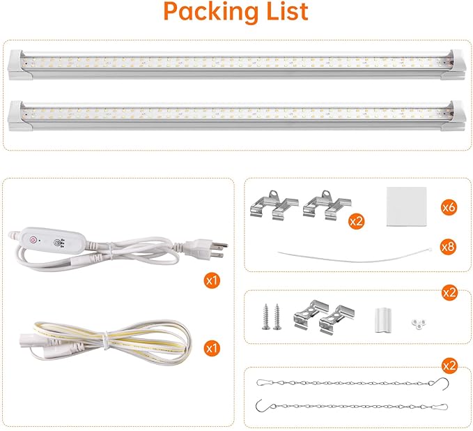 Bstrip Grow Light 2FT 48W (2 X 24W) Plant Light with Timer Full Spectrum with 660nm Red LEDs Linkable Design 3686K T8 Grow Lights for Indoor Plants Greenhouse Seeding 2-Pack