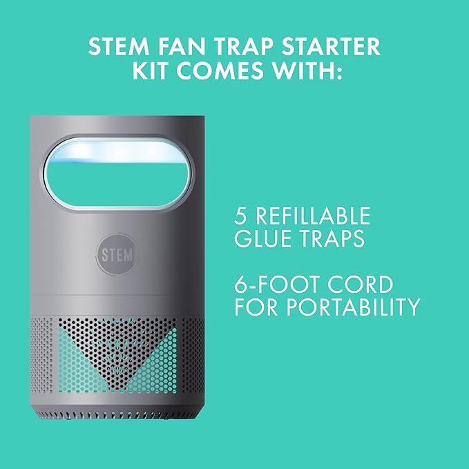 STEM Flying Insect Fan Trap for Indoor Bug Control Attracts Mosquitoes Fruit Flies and House Flies Plug-in Fan with UV Light Starter Kit Includes 2 Devices and 10 Glue Traps