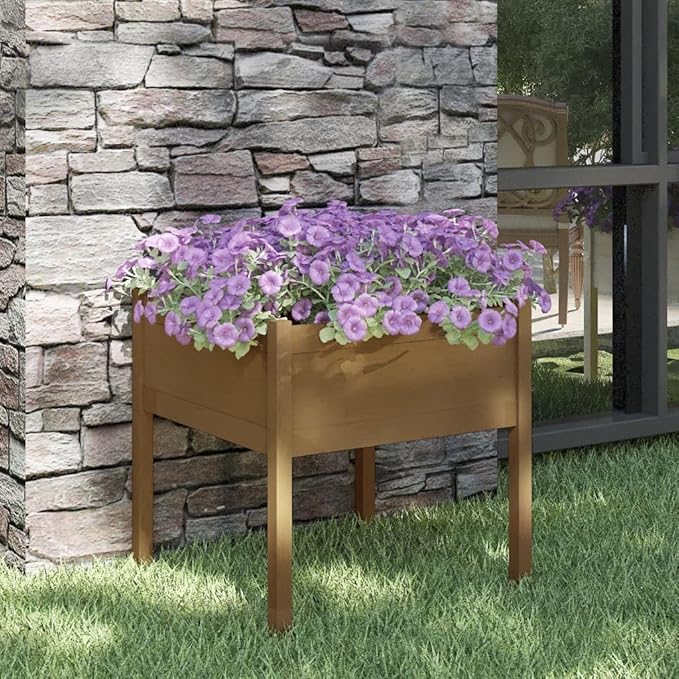 Honey Brown Solid Pine Wood Garden Planter 27.6x27.6x27.6 Inch Square Outdoor Raised Garden Bed for Flowers Herbs