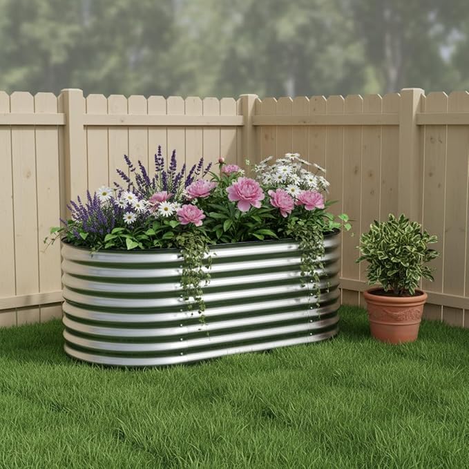 HomeRoots 32 X 63 Silver Metal Oval Raised Garden Bed