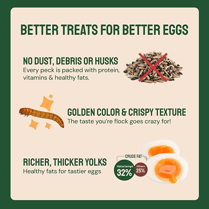 Hatortempt 20lb Dried Mealworms for Chickens - 50% Protein and 32% Essential Fats to Support Healthy Feather Growth During Molt - Organic Treats for Chickens Ducks Wild Birds &amp Reptiles