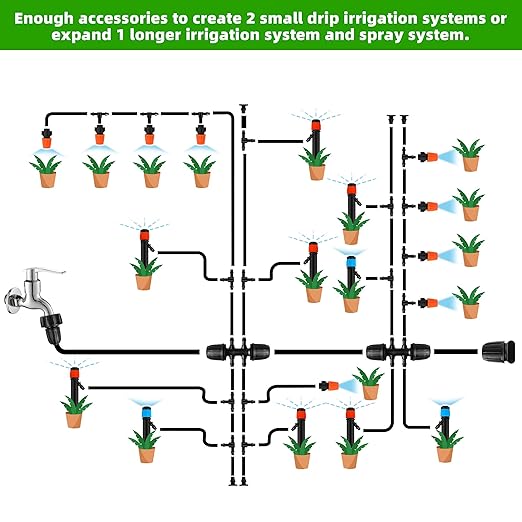 240FT DIY Automatic Drip Irrigation System Kits for Garden Plant Watering Misting System for Greenhouse Patio Lawn with Adjustable Drip Emitters 5/16 and 1/4 Irrigation Tubing Connectors Fittings