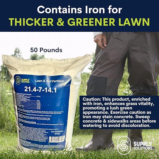 Supply Solutions 21.4-7-14.1 Lawn and Turf Fertilizer with Iron - Achieves a Lush Green Lawn in Weeks - Turf Builder for All Grass Types - for Greener Grass Fertilizer (50lbs)