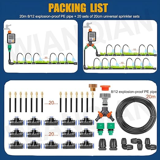 Automatic Drip Irrigation Kit Patio Misting Plant Irrigation Water Equipment Bendable Drip Garden Watering System Full Coverage Smart Timer 1Sec - 300 Min for Garden Watering 20m