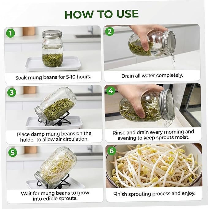 Sprouts Growing Kit Wide Mouth Sprouting Jar Kit with Stainless Steel Mesh Lids Drip Tray and Stand for Broccoli Mung Bean &amp Alfalfa Sprouts Growing Sprouting Jar Seed S