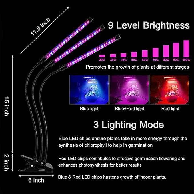 LED Grow Lights Full Spectrum 3 Head 12W Clipes On Indoor Plant Growing Lighting with Gooseneck 3 Timer 10 Dimmable Levels Three Light Modes Red Blue Warm (Head 12W)