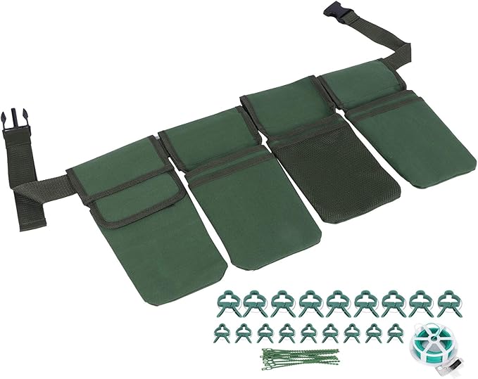 Gardening Tools Set with Green Canvas Waist Bag Plant Support Clips Adjustable Cable Ties Kit for Professional Gardeners