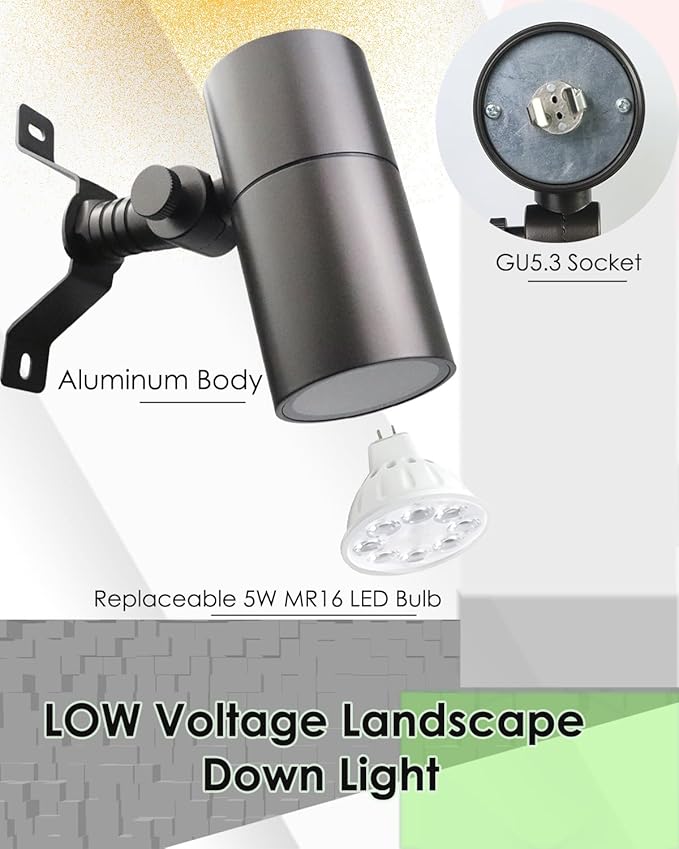 Landscape Down Lighting Low Voltage Spot Lights Outdoor LED Wall Mounted Low Voltage Tree Lights Cast Aluminum Free 5W MR16 LED Bulb Stainless Steel Mounting Bracket 1-Count
