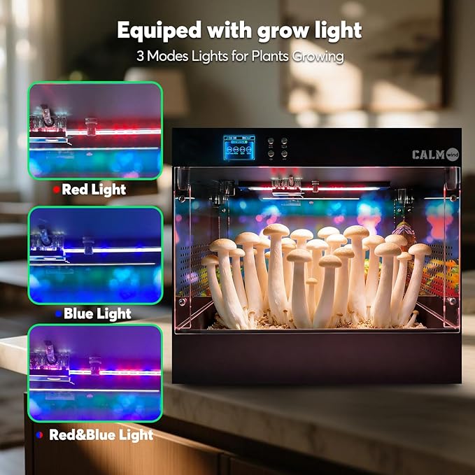 Smart Mushroom Grow Box with Humidity &ampTemperature Monitoring SensorMushroom Grow Chamber with Grow LightSmart Monotub Mushroom Growing Kit 16x11X13 inches with HD LCD ScreenStill Air Box