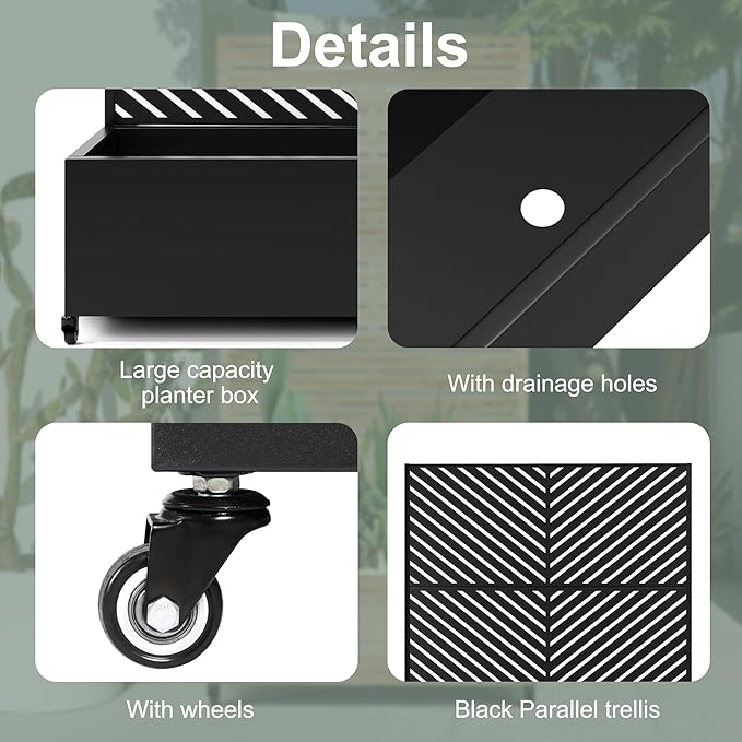 Large Metal Raised Garden Beds with Privacy Screen Standing Planter Box with Trellis &amp Wheels for Outdoor Climbing Plants Garden Boxes with Drainage Holes for Patio (47L Black Parallel)